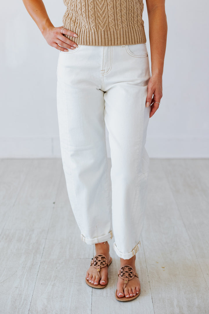 RISEN: CREAM HIGHRISE BARREL JEAN