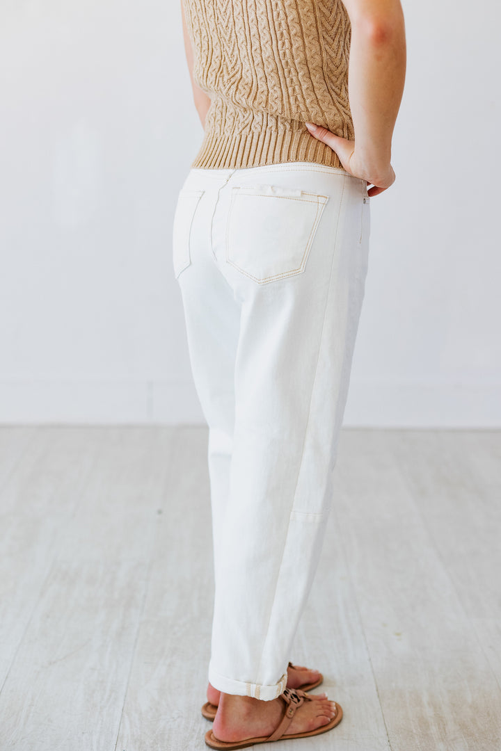 RISEN: CREAM HIGHRISE BARREL JEAN