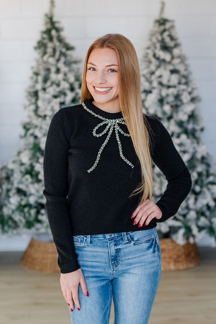 LONGSLEEVE RHINESTONE BOW SWEATER- BLACK
