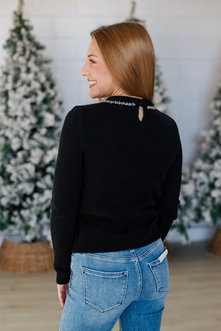 LONGSLEEVE RHINESTONE BOW SWEATER- BLACK