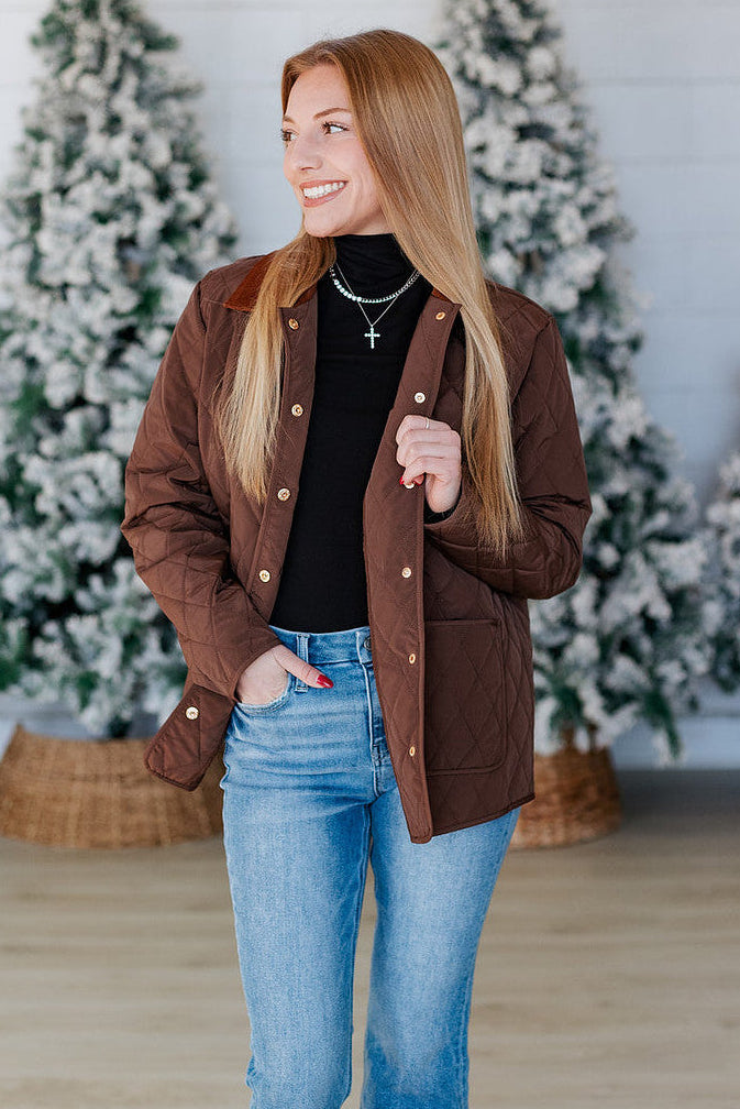 BROWN QUILTED BUTTON UP JACKET