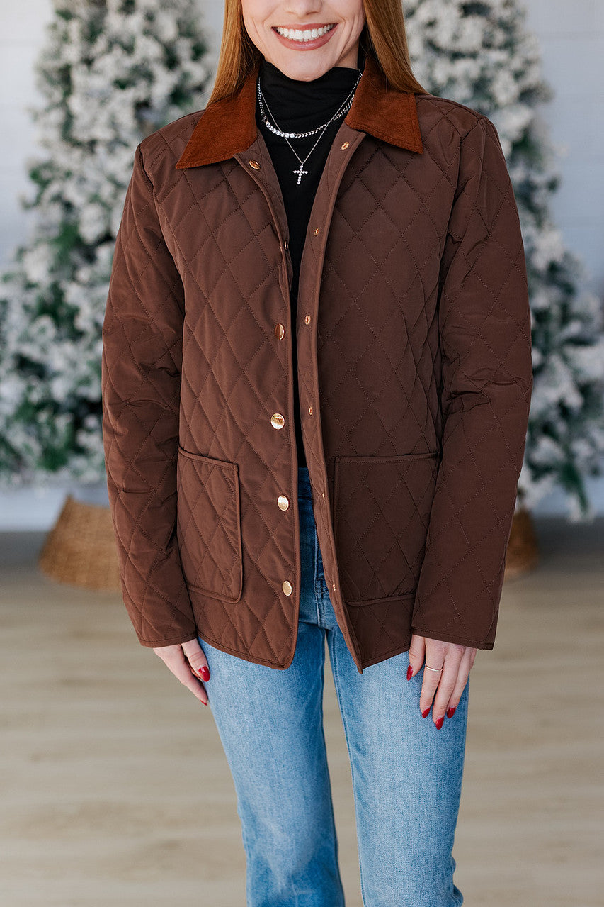 BROWN QUILTED BUTTON UP JACKET