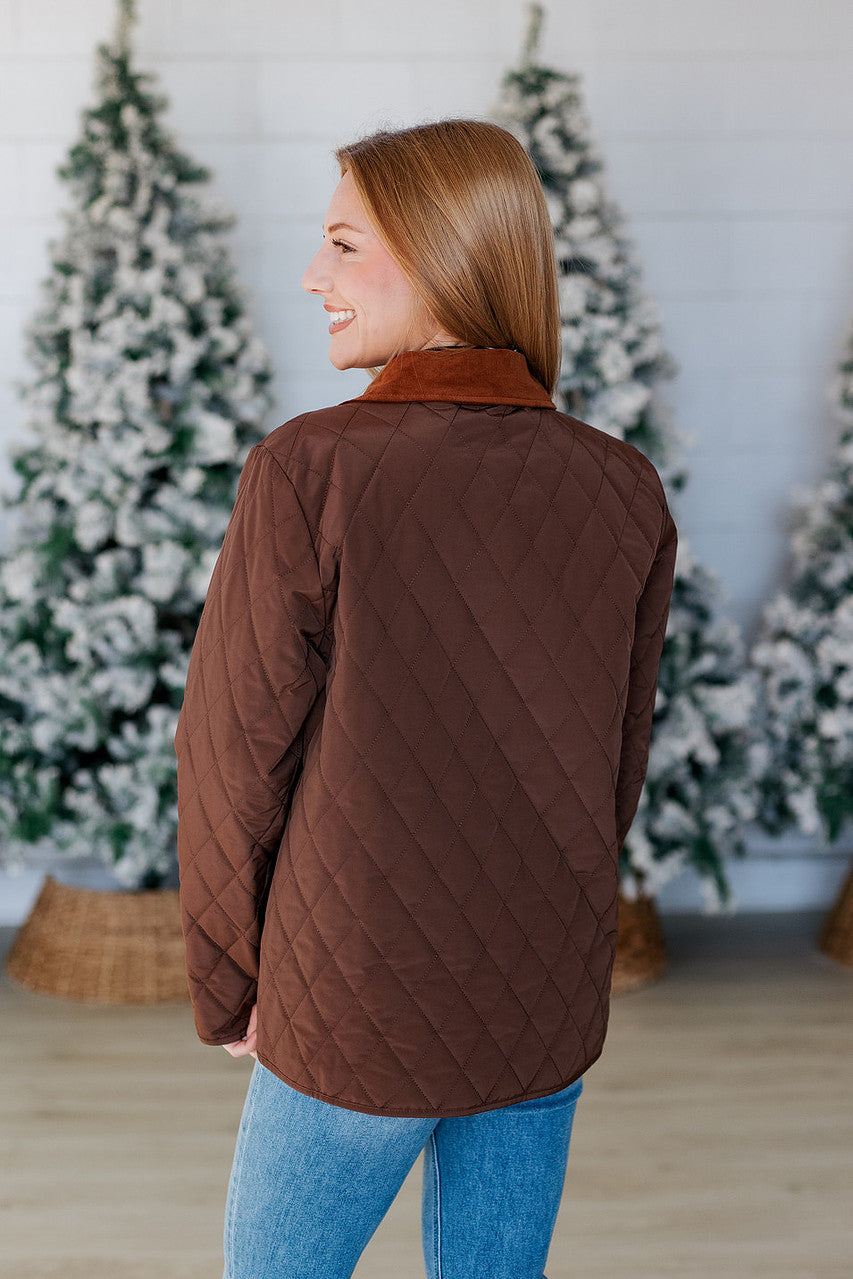 BROWN QUILTED BUTTON UP JACKET
