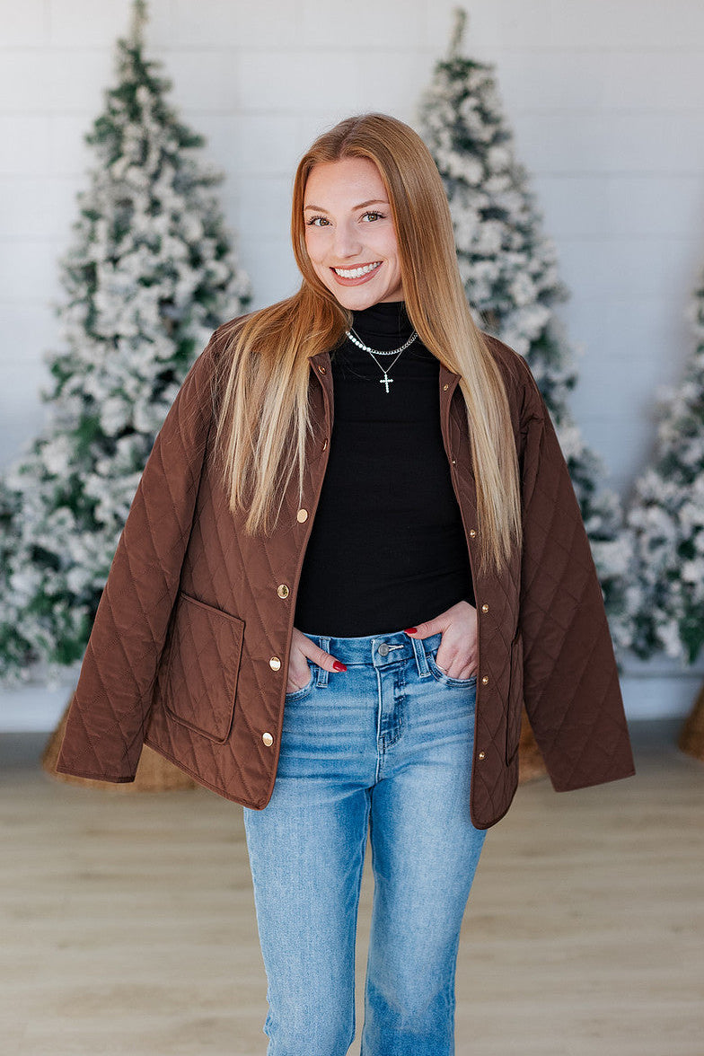 BROWN QUILTED BUTTON UP JACKET