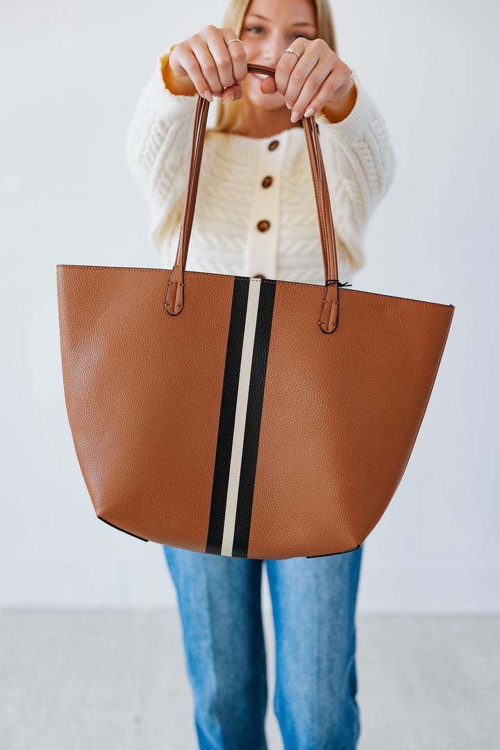 DEPARTURE TOTE: CAMEL & CREAM STRIPE