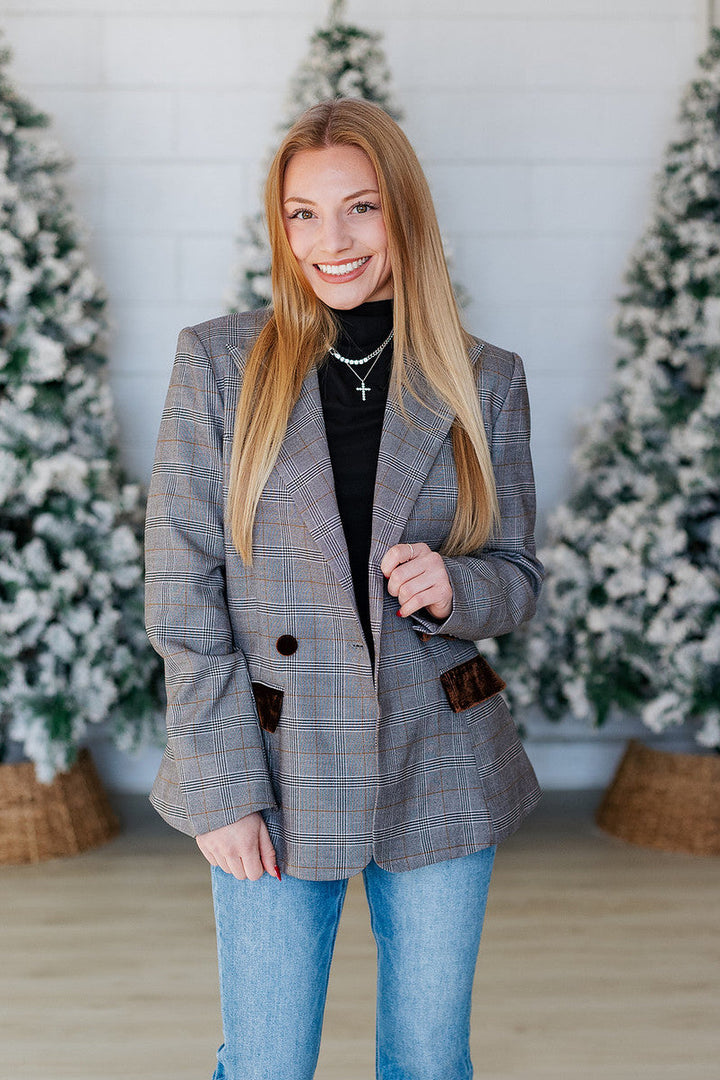 BROWN VELVET DETAIL PLAID BLAZER