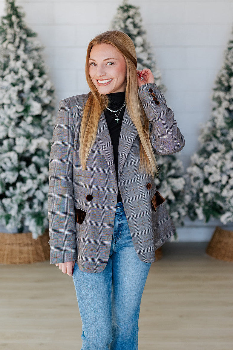 BROWN VELVET DETAIL PLAID BLAZER