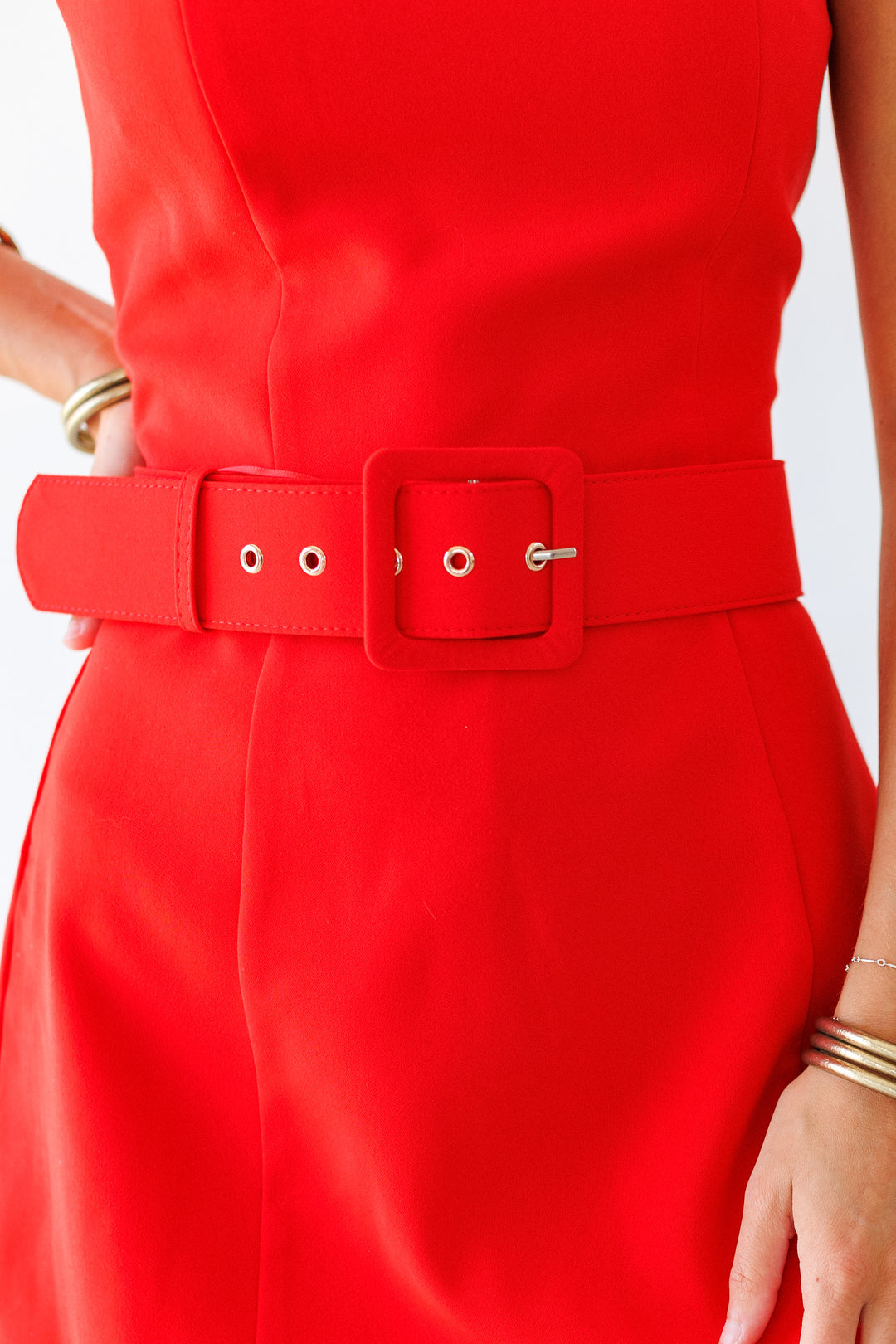 RED STRAPLESS BELTED ROMPER DRESS