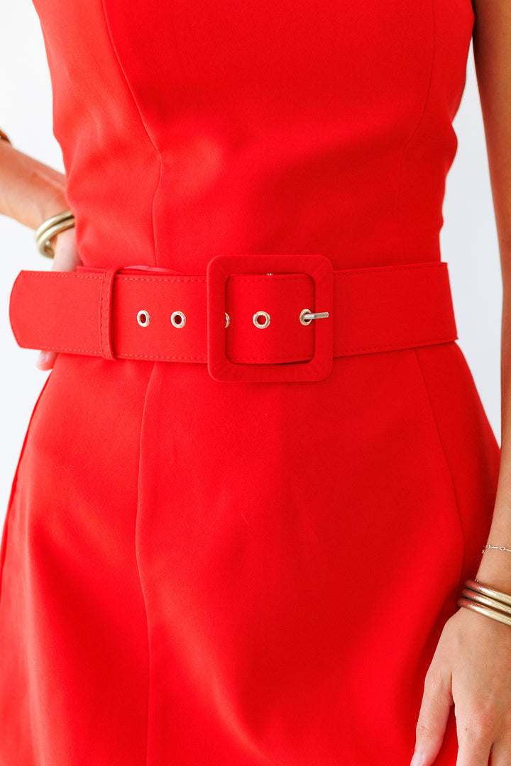 RED STRAPLESS BELTED ROMPER DRESS