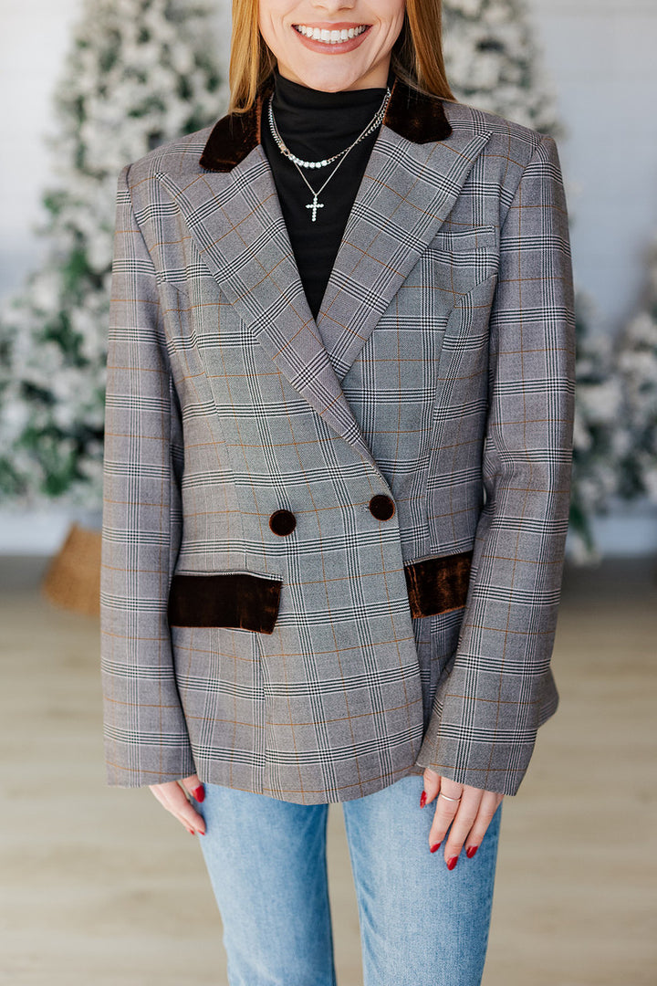 BROWN VELVET DETAIL PLAID BLAZER