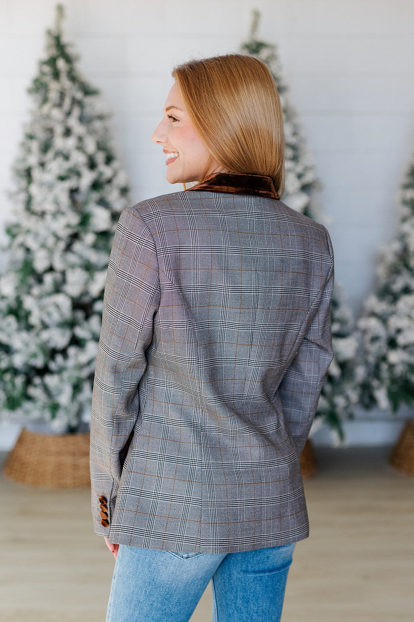 BROWN VELVET DETAIL PLAID BLAZER