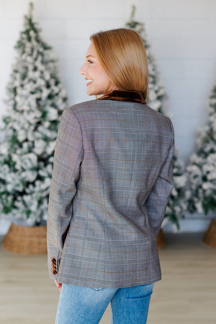 BROWN VELVET DETAIL PLAID BLAZER