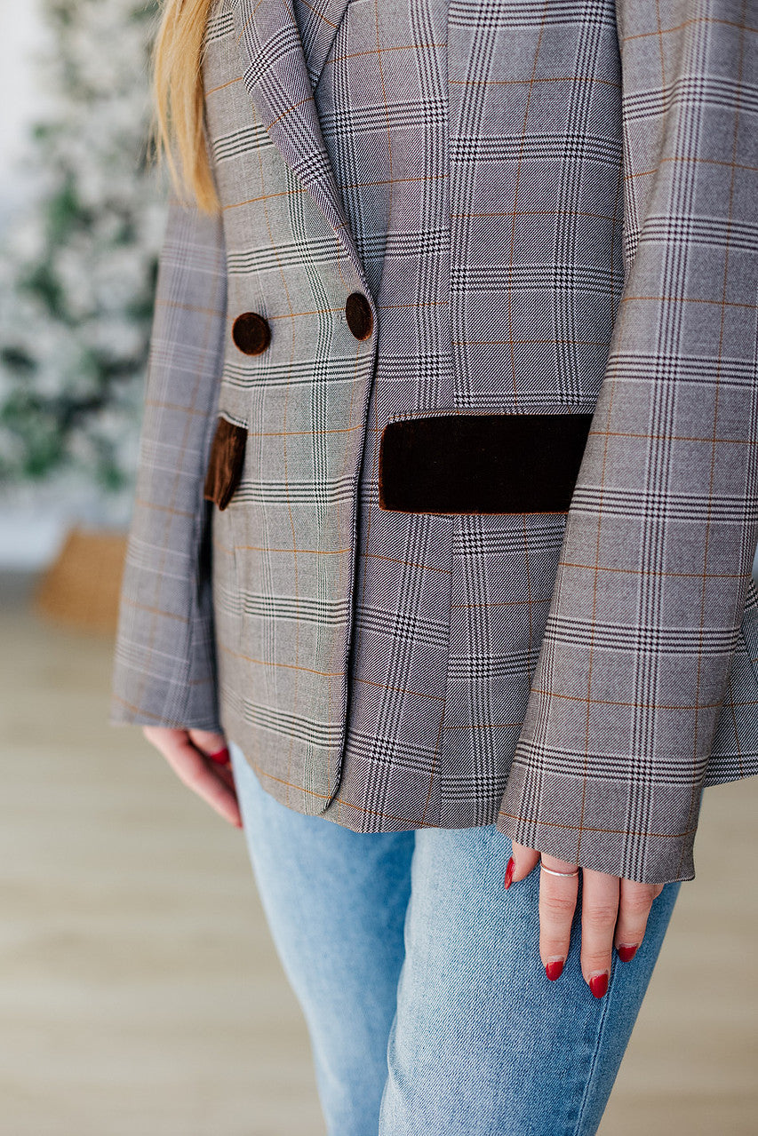 BROWN VELVET DETAIL PLAID BLAZER