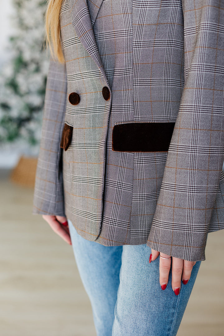 BROWN VELVET DETAIL PLAID BLAZER
