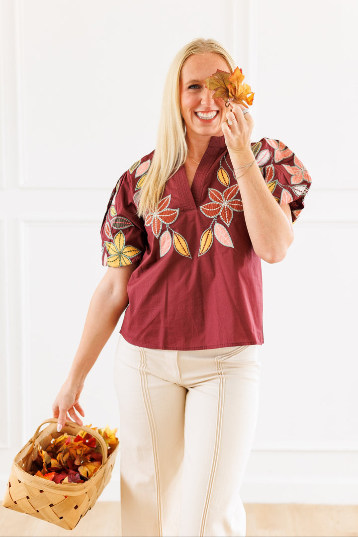 PUFF SLEEVE FLORAL EMBROIDERED BLOUSE