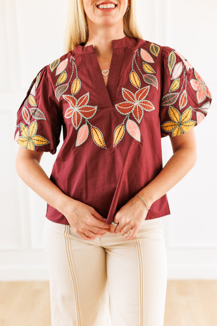 PUFF SLEEVE FLORAL EMBROIDERED BLOUSE