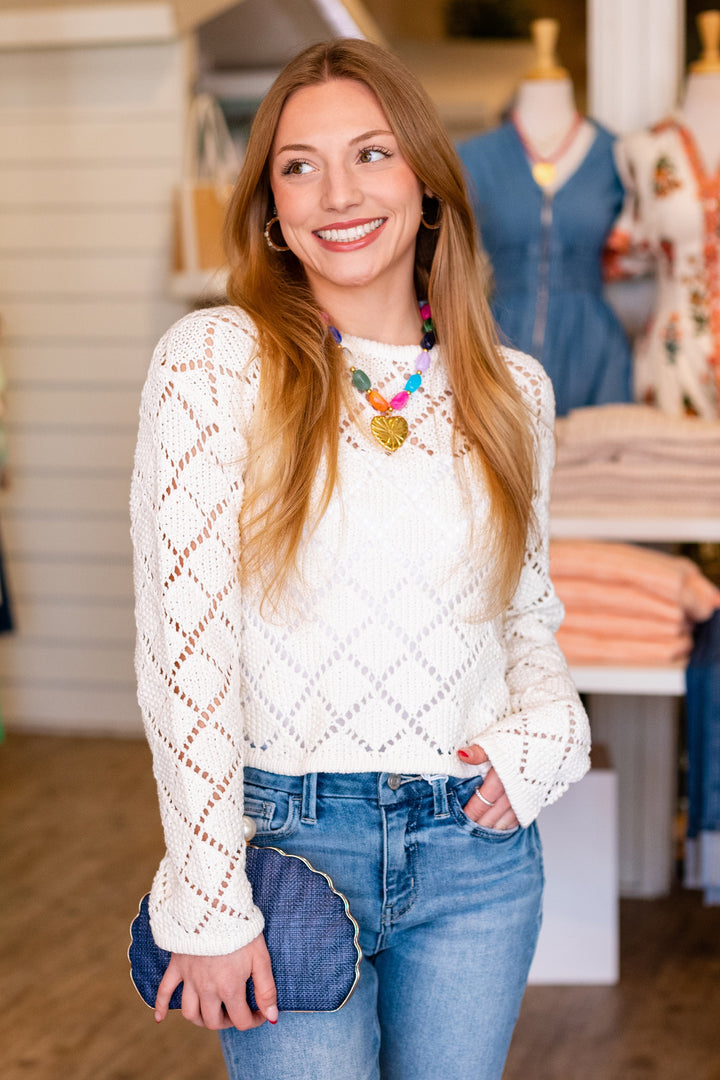 Z SUPPLY: HULLEN DIAMOND CROCHET SWEATER -CLOUD