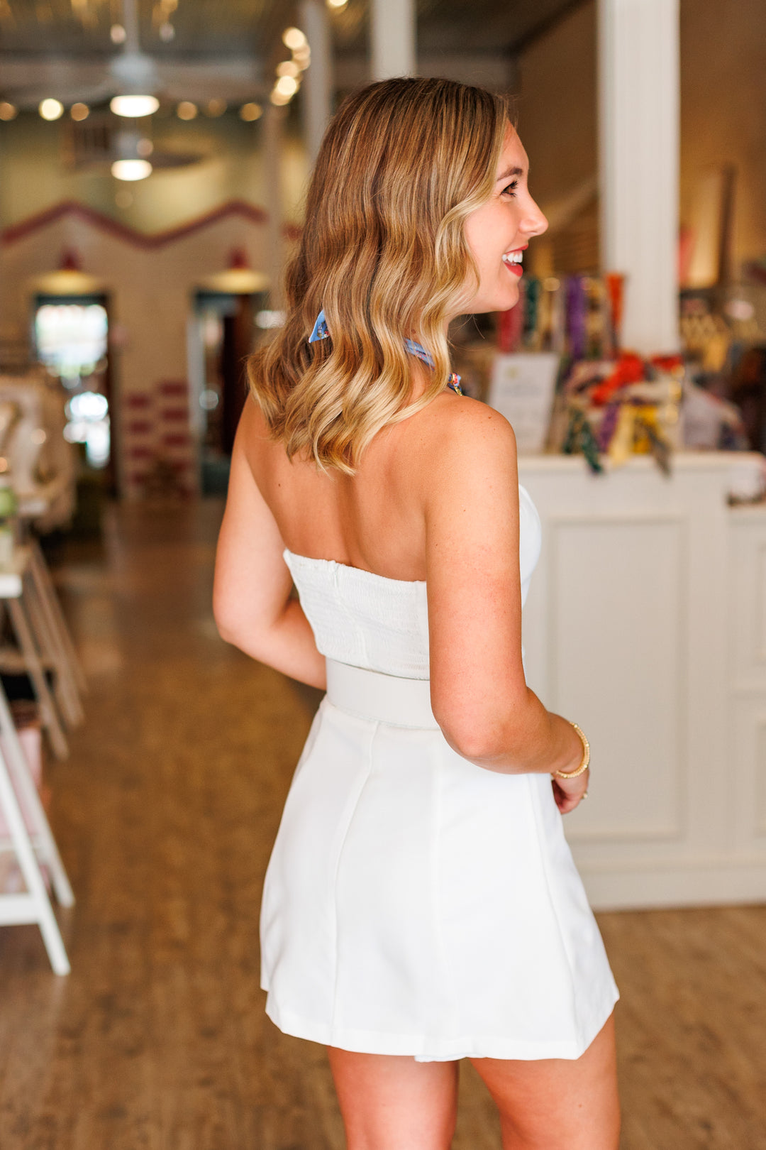 CLOUD WHITE BELTED DRESS ROMPER