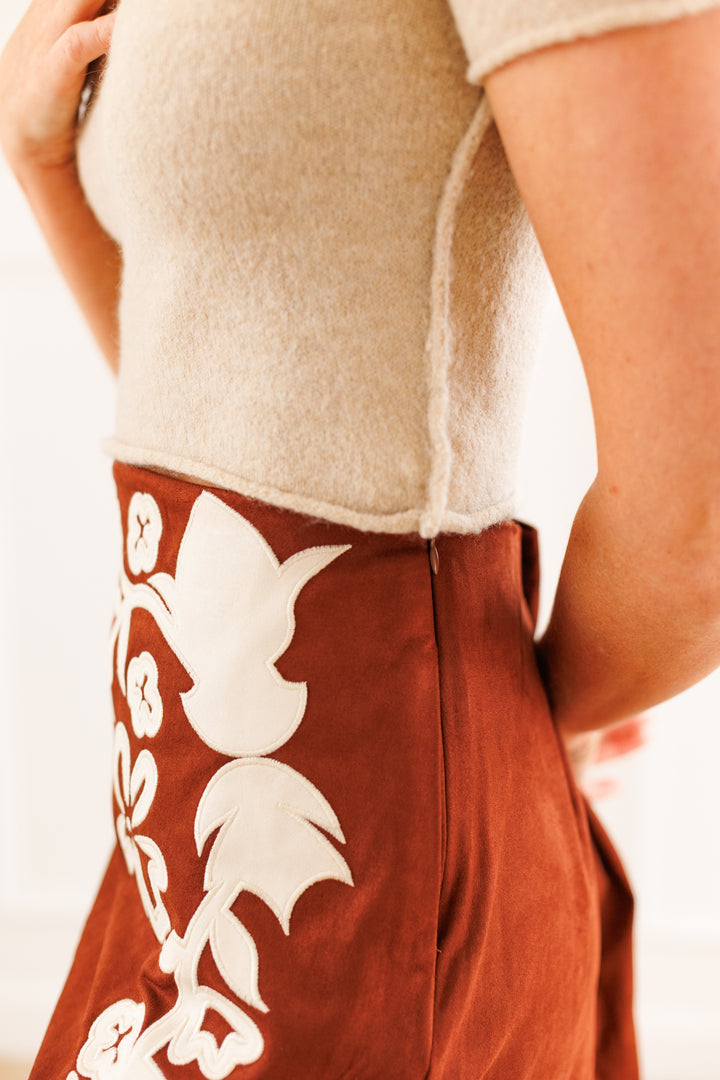 BROWN SUEDE APPLIQUE MINI SKIRT