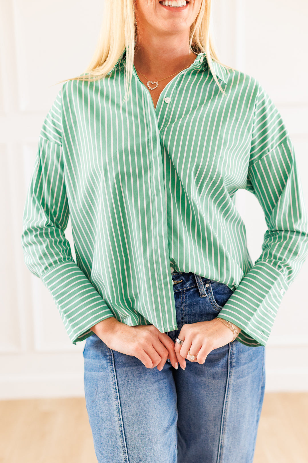 STRIPE BUTTON DOWN TOP- PISTACHIO