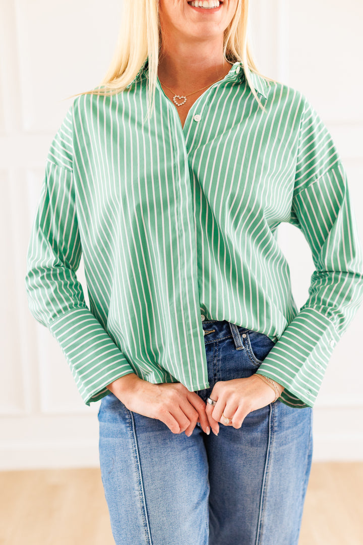 STRIPE BUTTON DOWN TOP- PISTACHIO