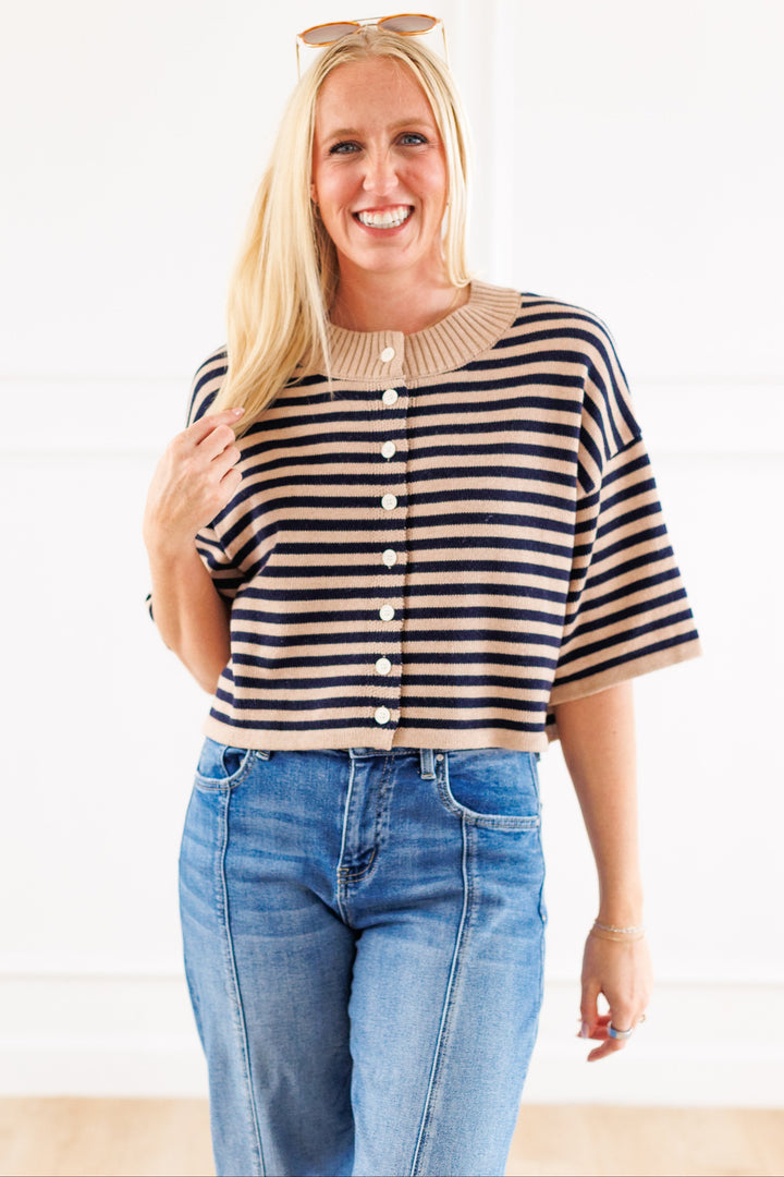 TAUPE/NAVY STRIPED KNIT CARDIGAN
