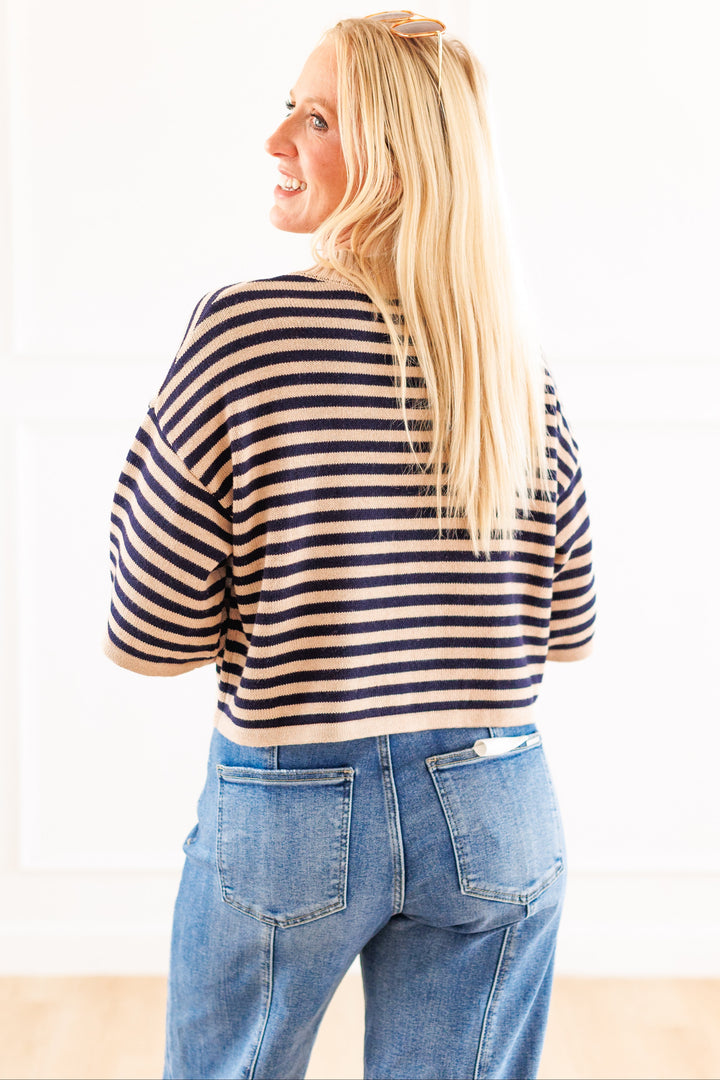 TAUPE/NAVY STRIPED KNIT CARDIGAN