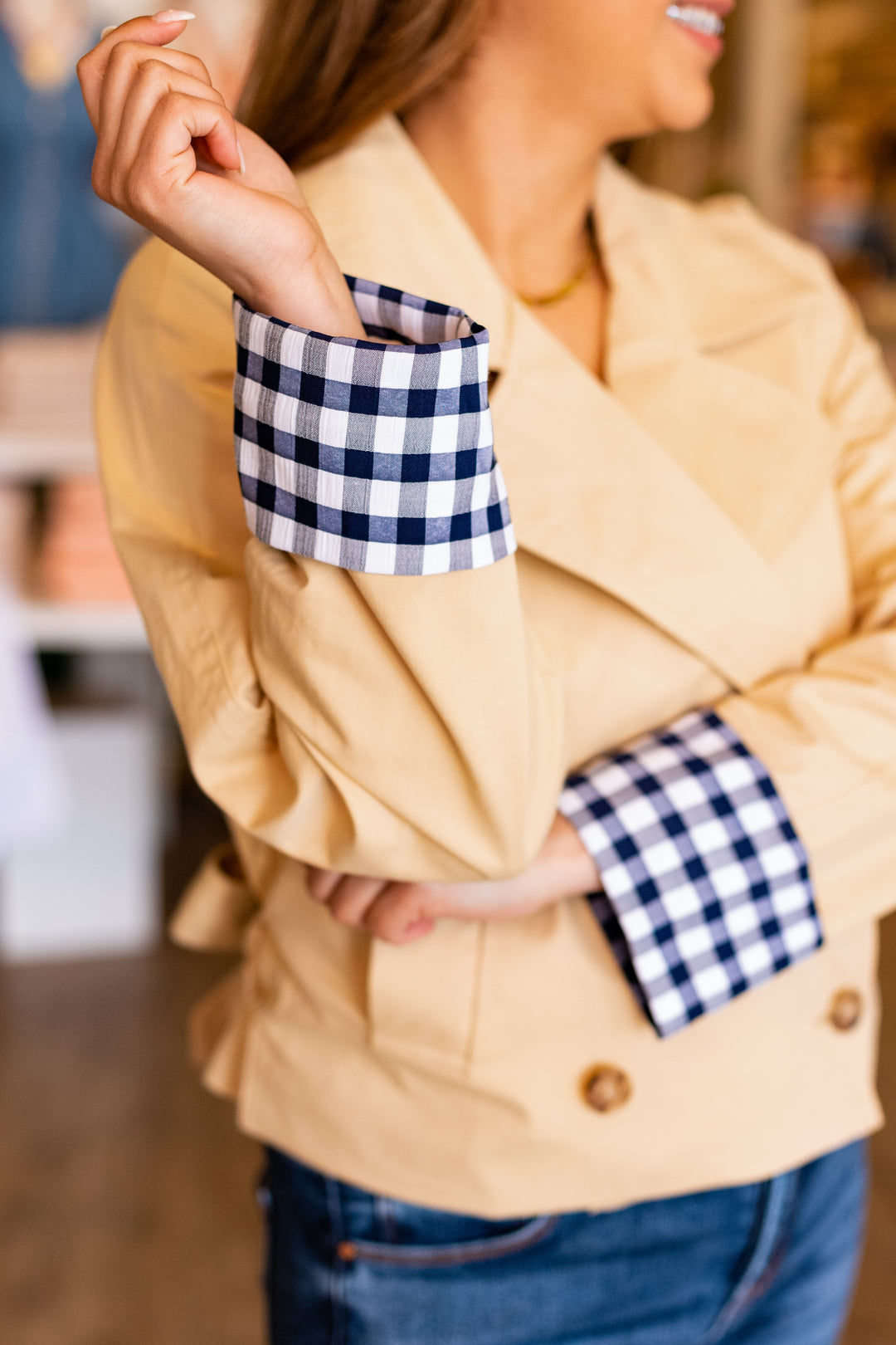 GINGHAM CUFF CROP TRENCH JACKET