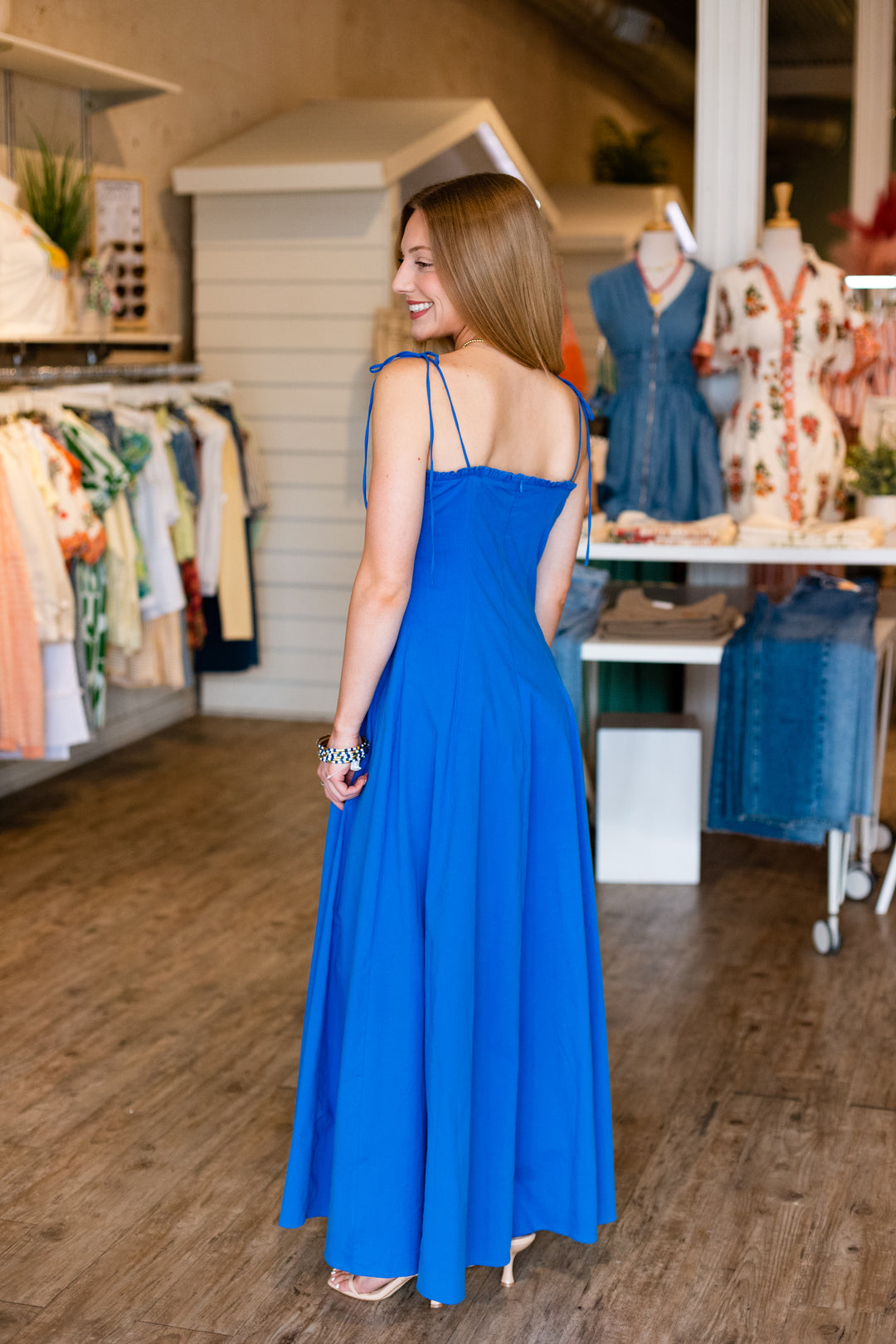 PARADISE BLUE SHOULDER TIE MAXI DRESS