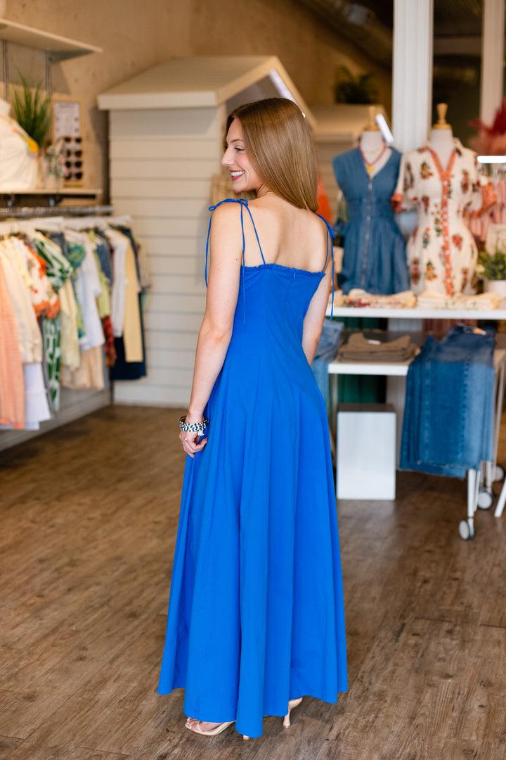 PARADISE BLUE SHOULDER TIE MAXI DRESS