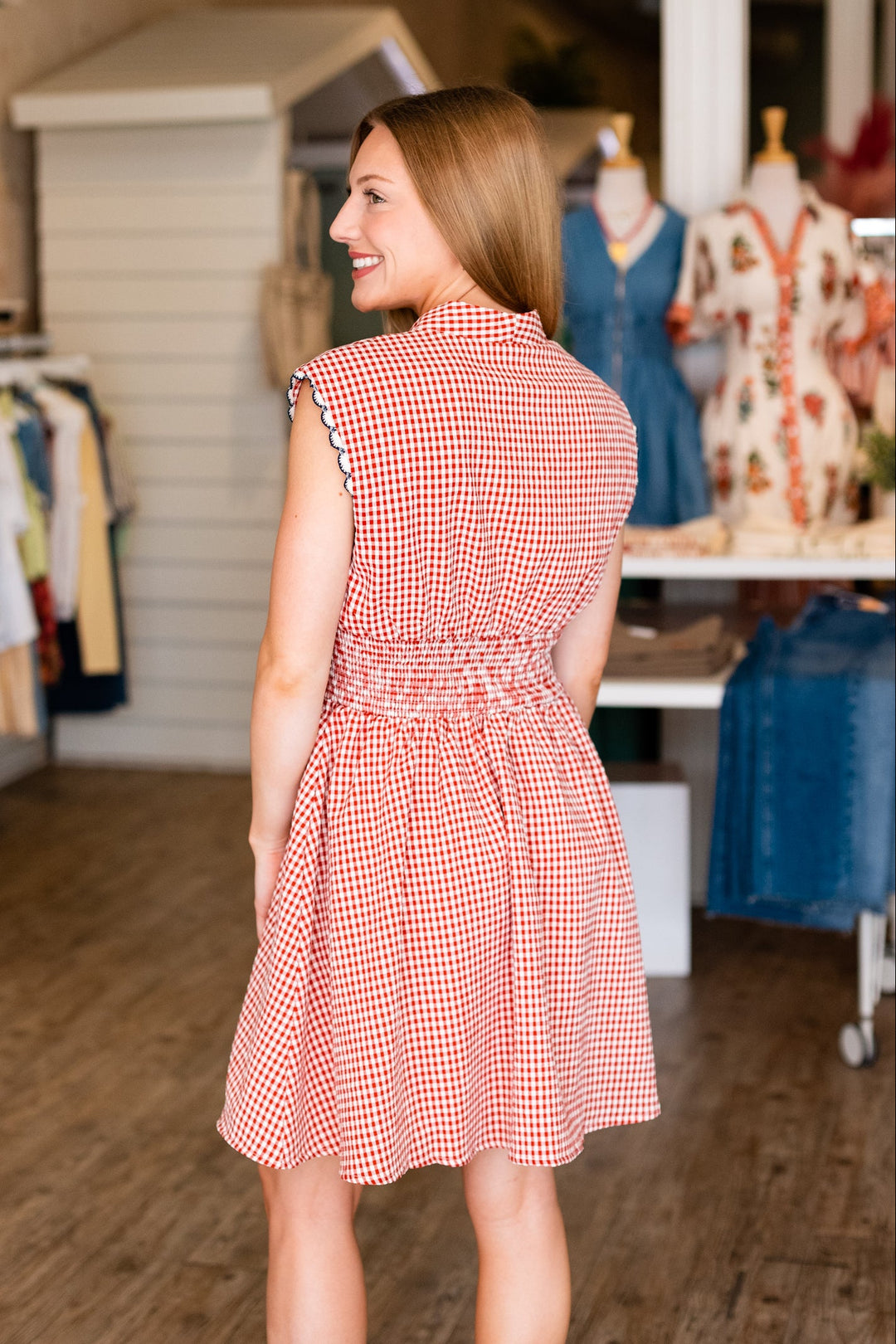 RED GINGHAM ZIP UP DRESS