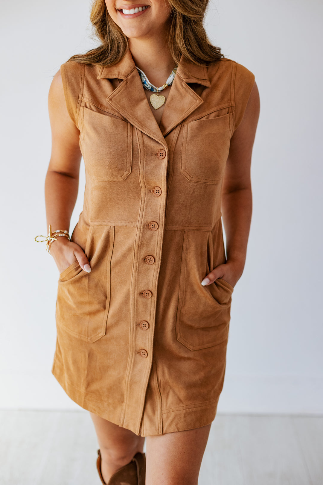 CAMEL SUEDE BUTTON UP DRESS