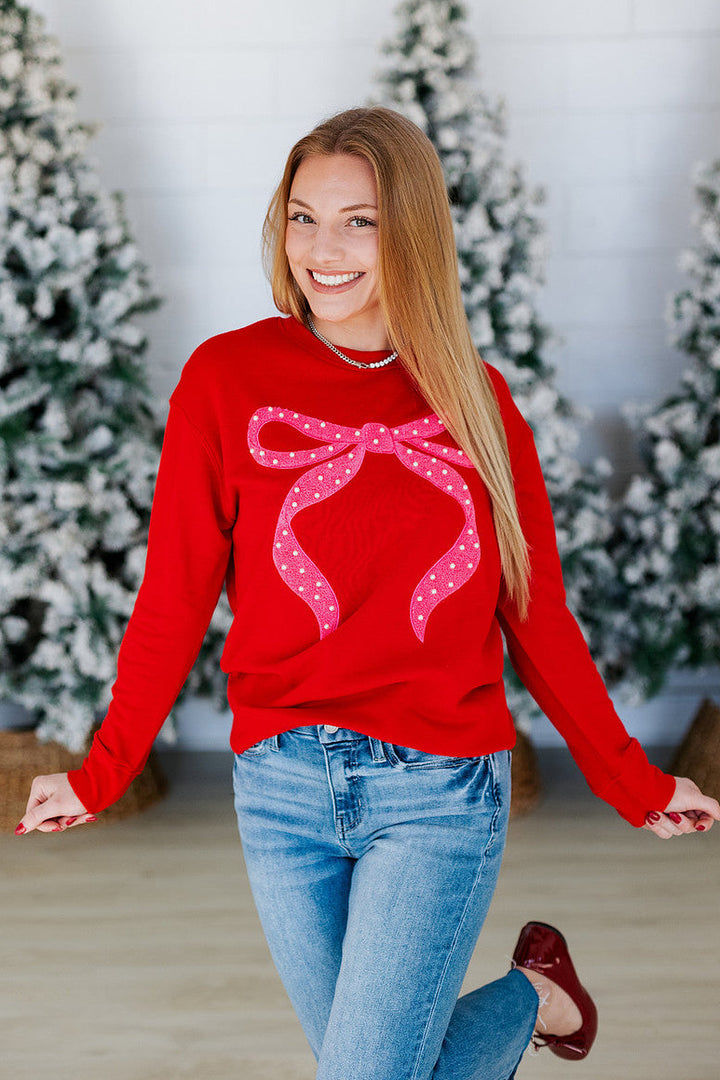 PINK & RED PEARL BOW SWEATSHIRT