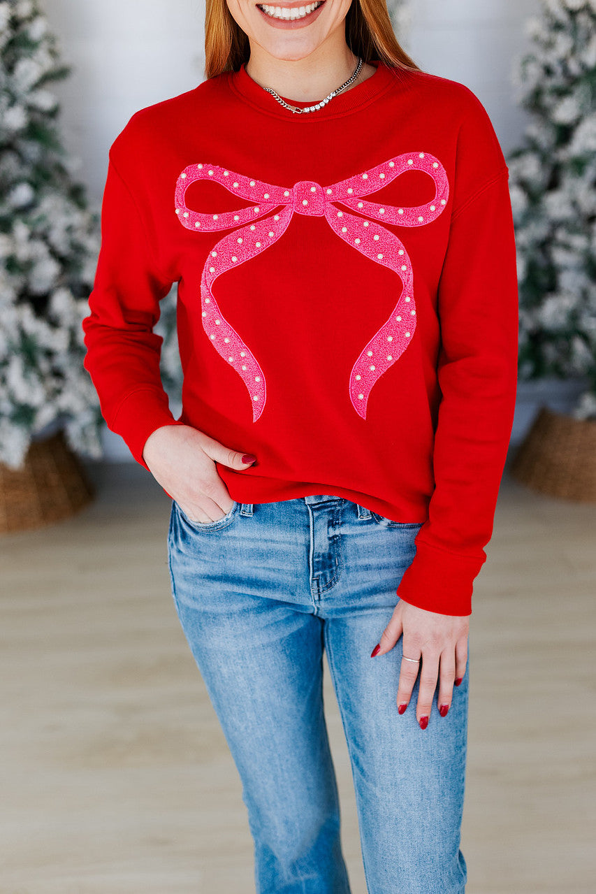 PINK & RED PEARL BOW SWEATSHIRT