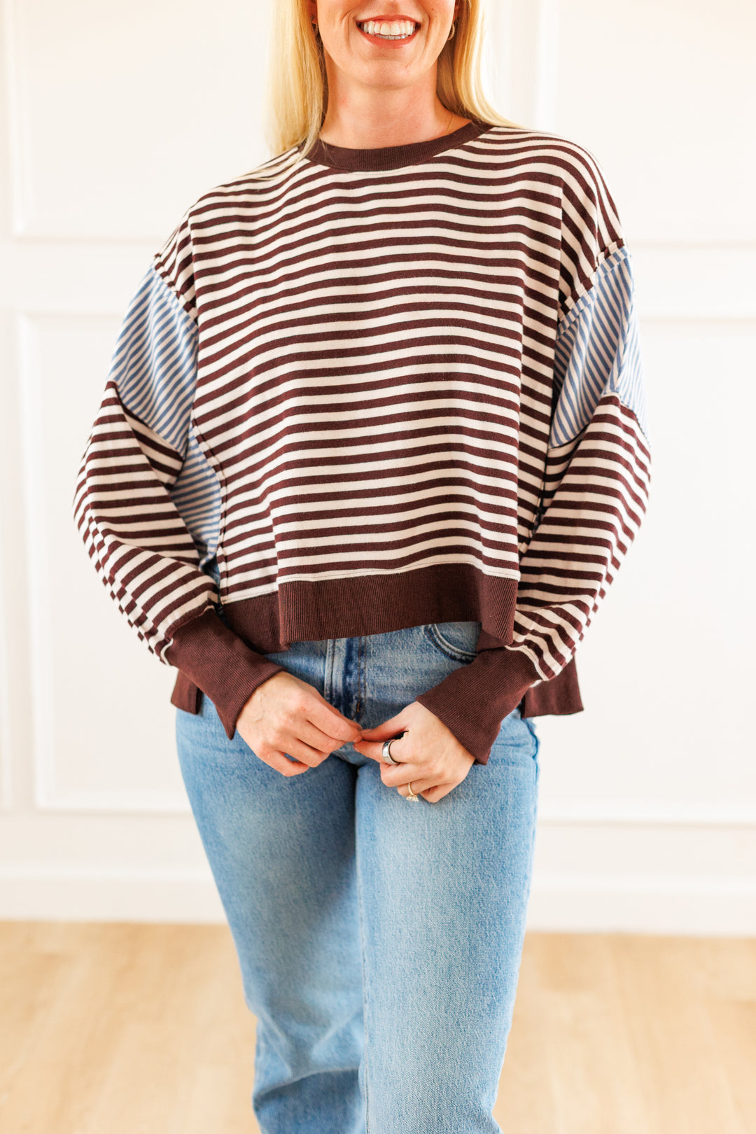 BROWN &amp; WHITE STRIPE SWEATSHIRT