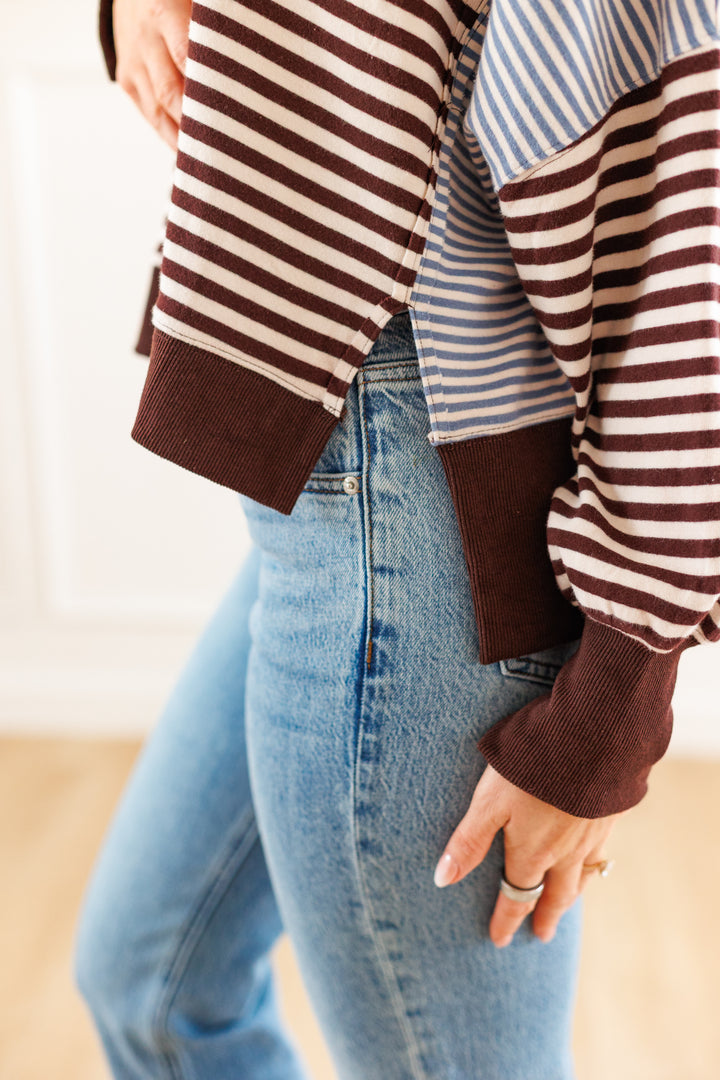 BROWN &amp; WHITE STRIPE SWEATSHIRT