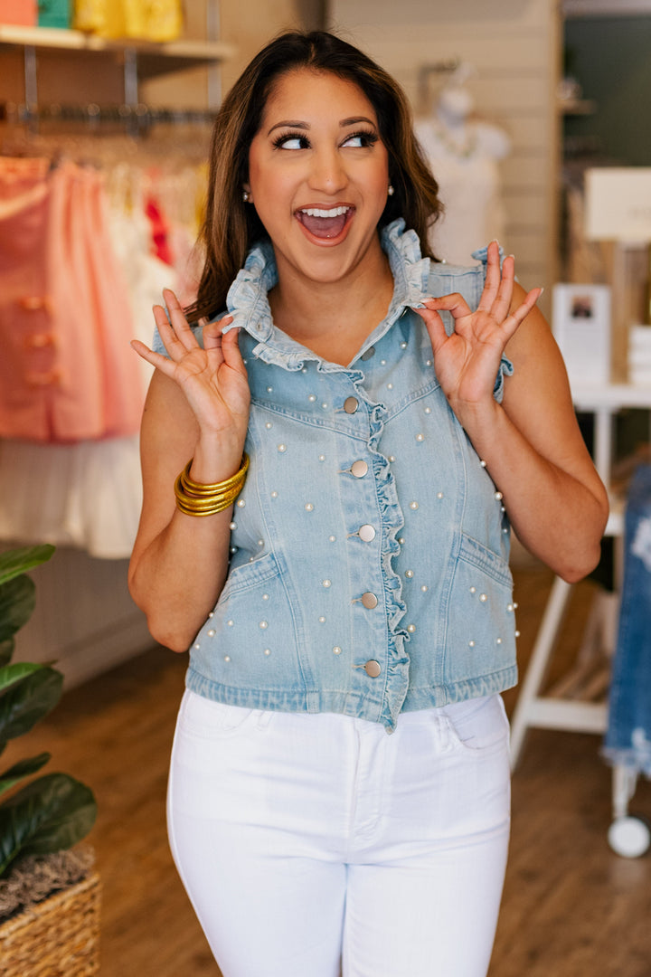 PEARL DETAIL DENIM VEST