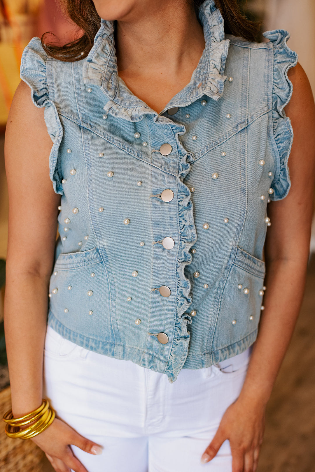 PEARL DETAIL DENIM VEST
