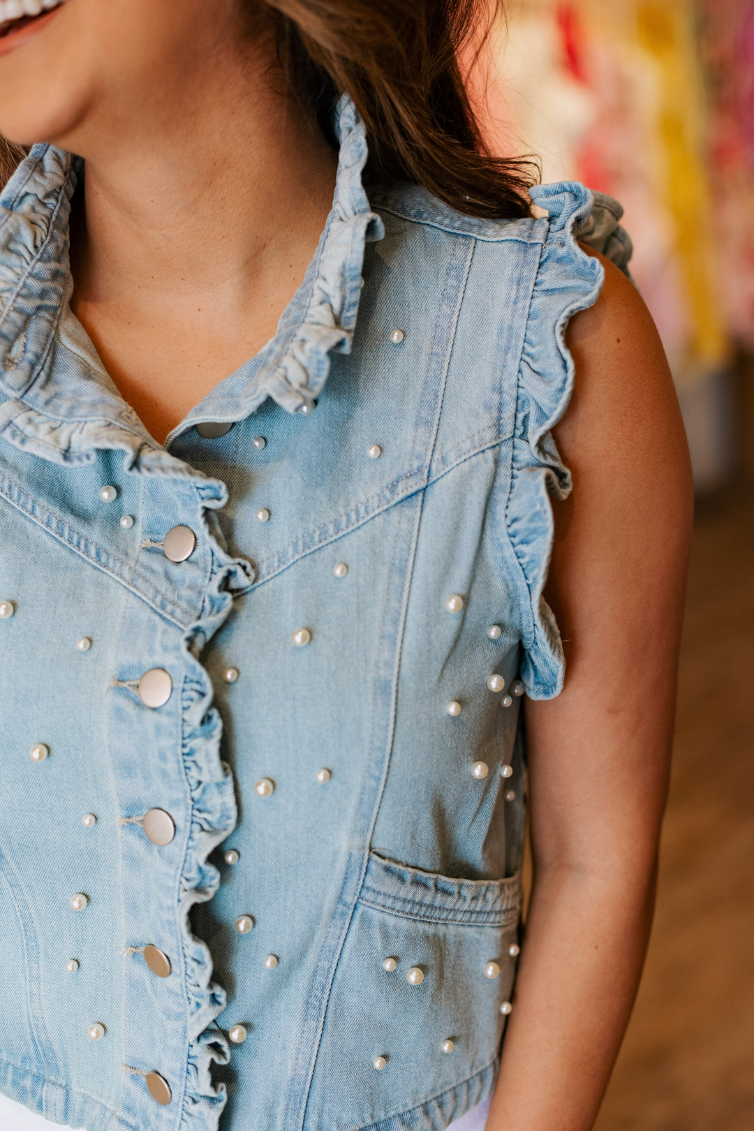 PEARL DETAIL DENIM VEST