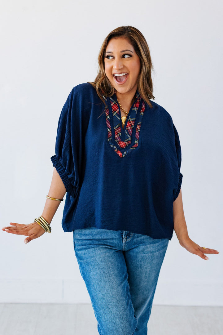 NAVY PLAID TRIM BLOUSE