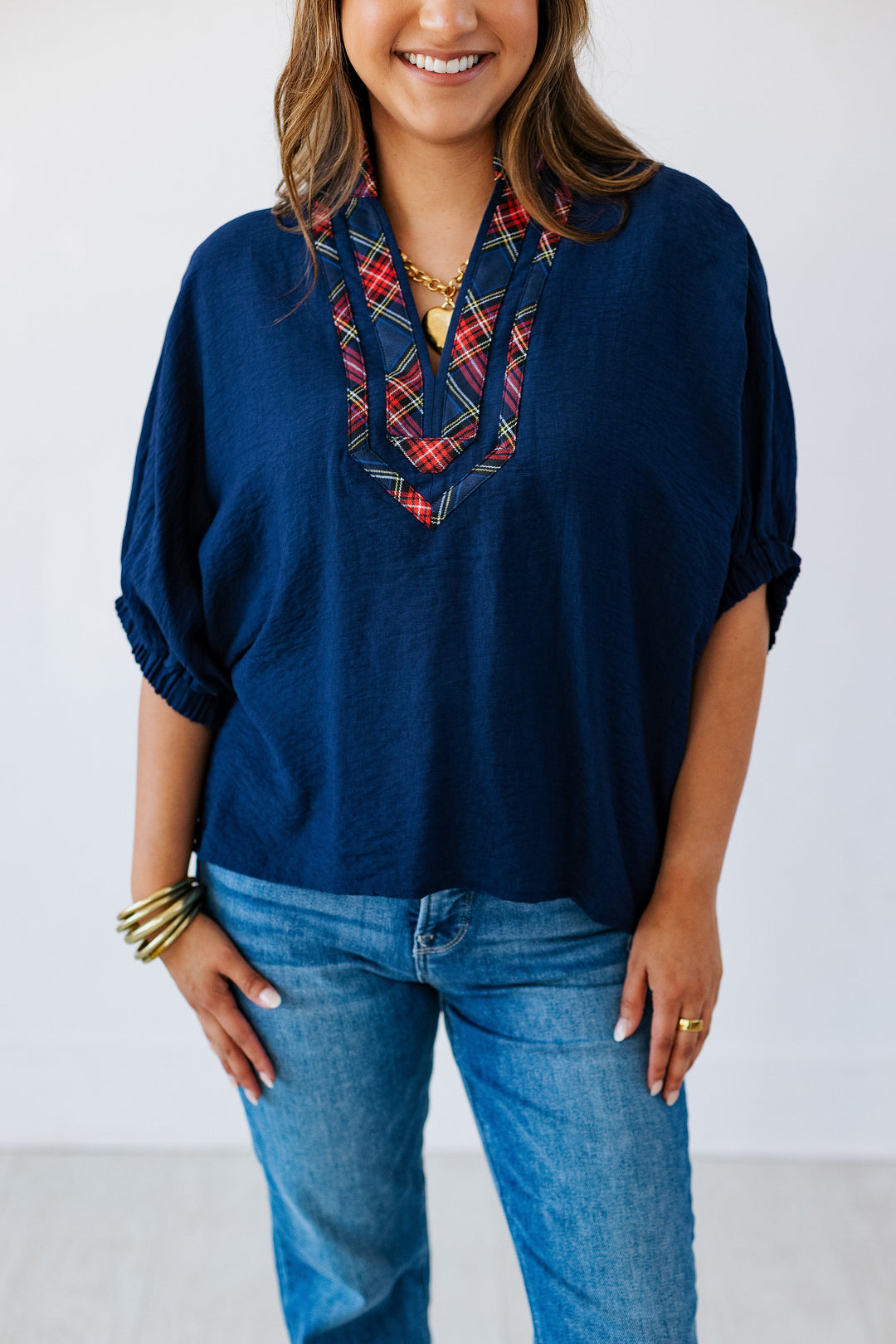 NAVY PLAID TRIM BLOUSE