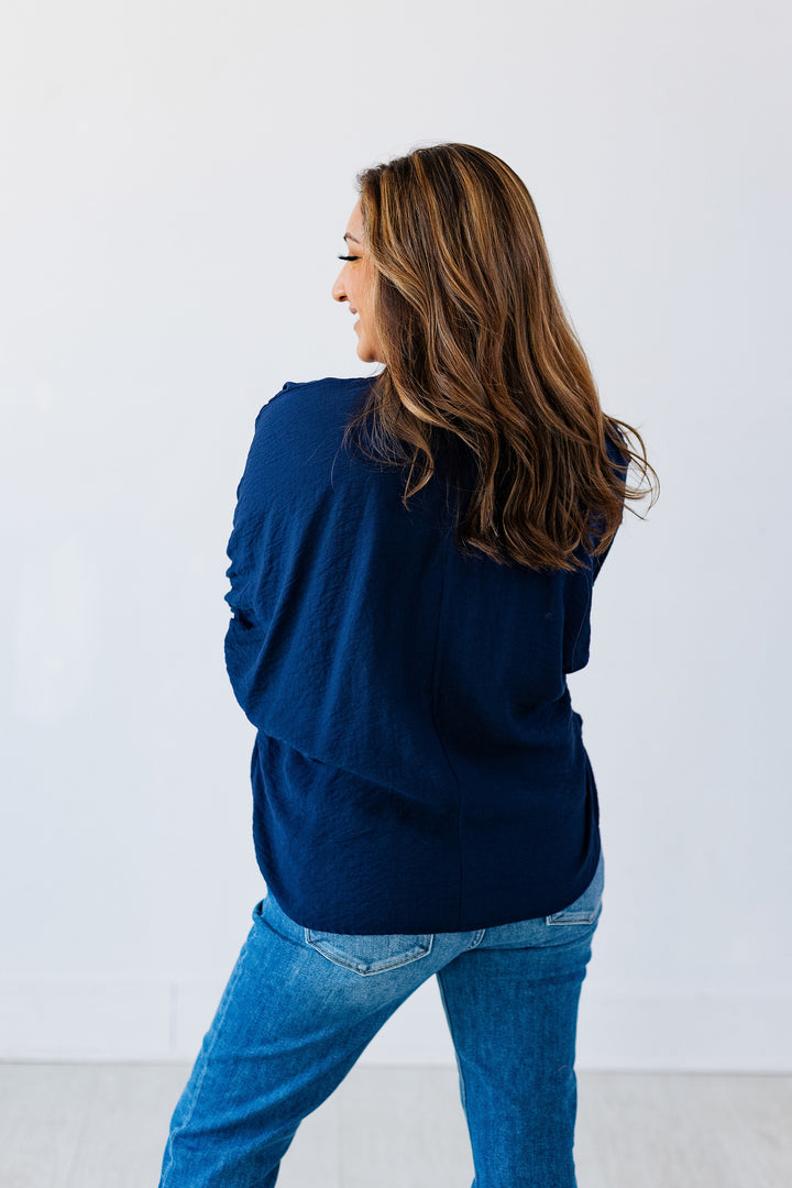 NAVY PLAID TRIM BLOUSE