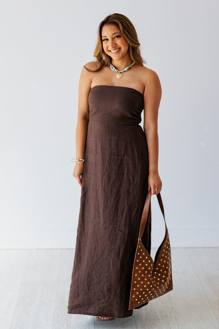 COCOA BROWN STRAPLESS LINEN MAXI DRESS