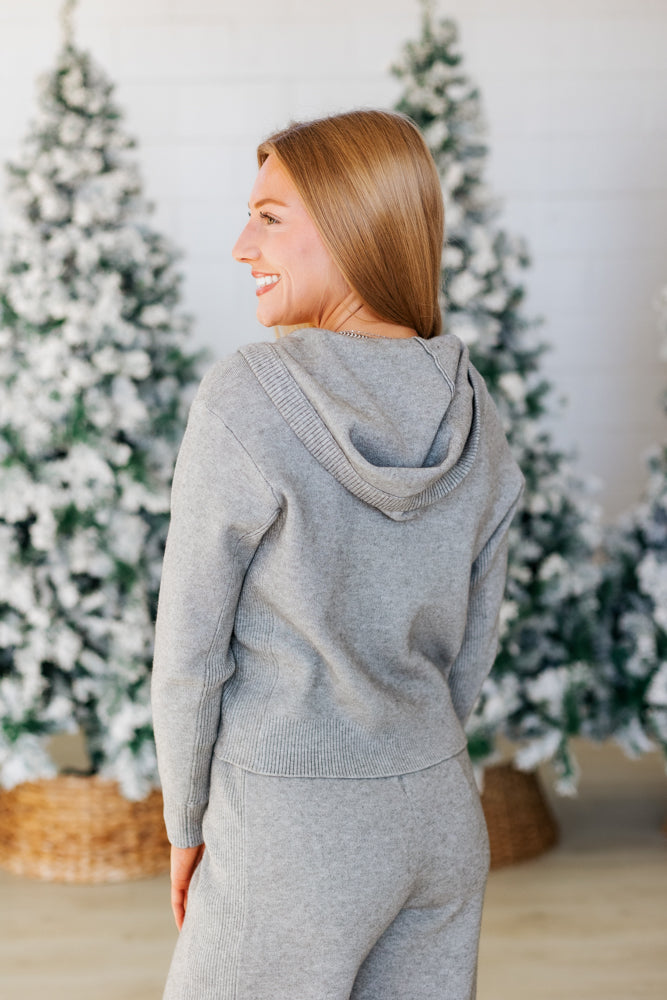 RIBBED KNIT ZIP HOODIE- SOFT GREY