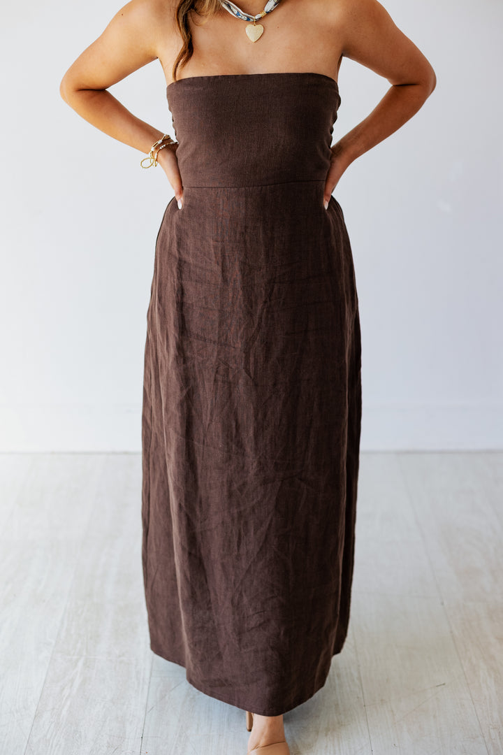 COCOA BROWN STRAPLESS LINEN MAXI DRESS