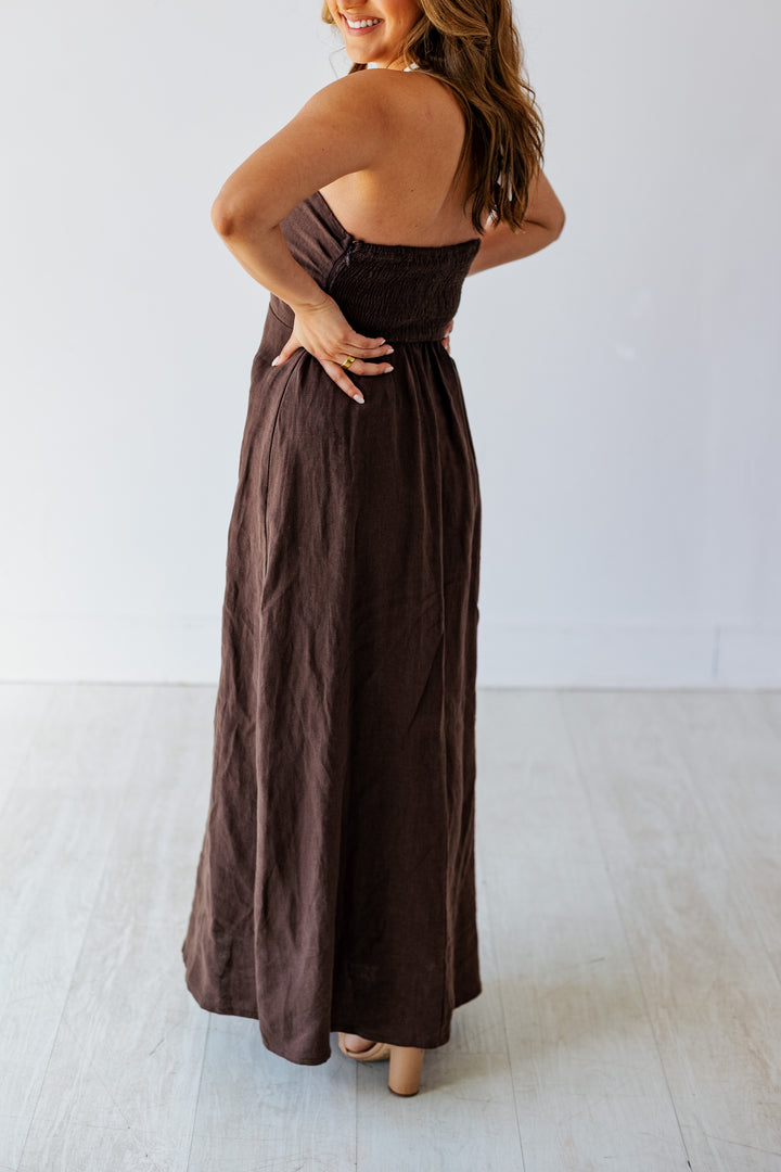 COCOA BROWN STRAPLESS LINEN MAXI DRESS