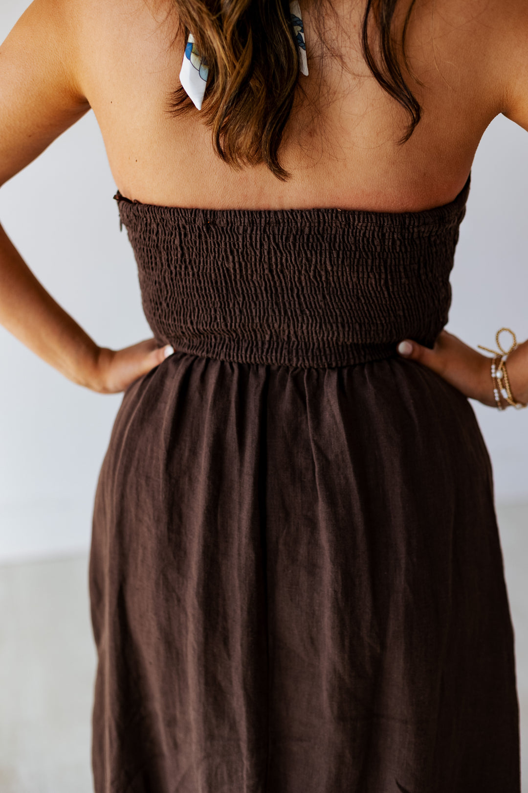 COCOA BROWN STRAPLESS LINEN MAXI DRESS