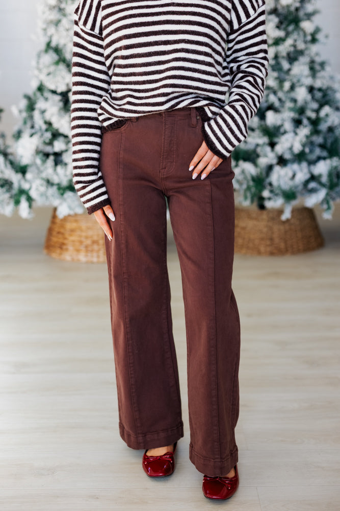 RISEN: HIGHRISE CROP WIDE LEG JEAN- CHOCOLATE BROWN