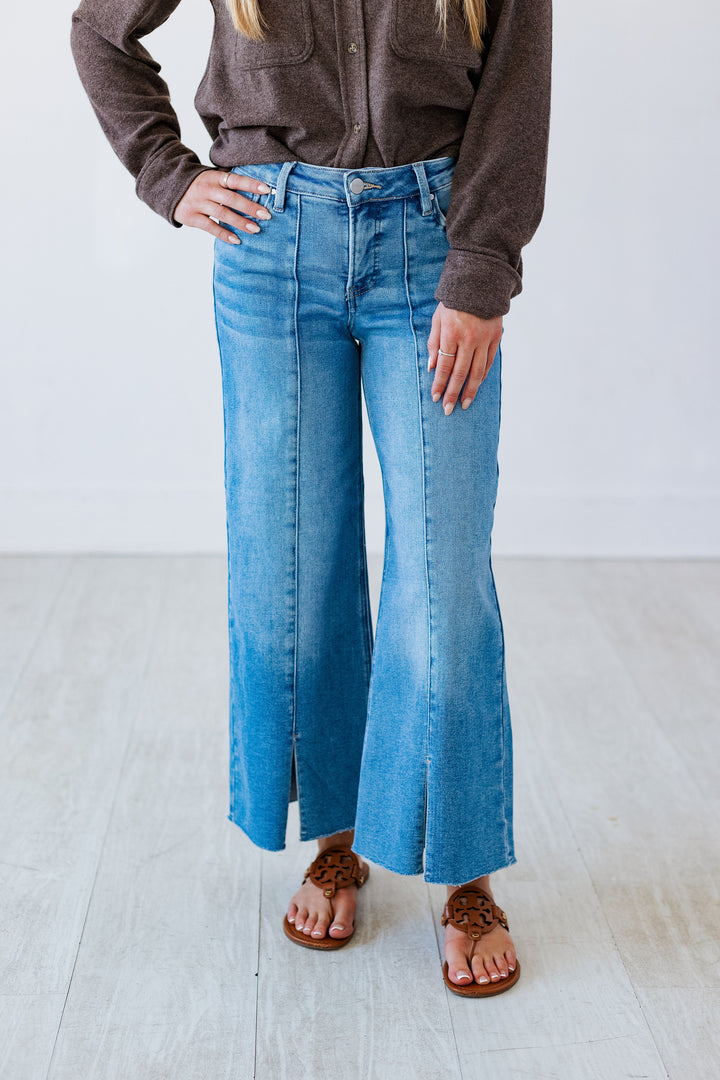 RISEN: MEDIUM DENIM FRONT SLIT JEAN