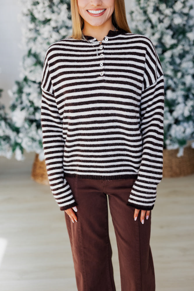 DARK WINE STRIPE HENLEY SWEATER